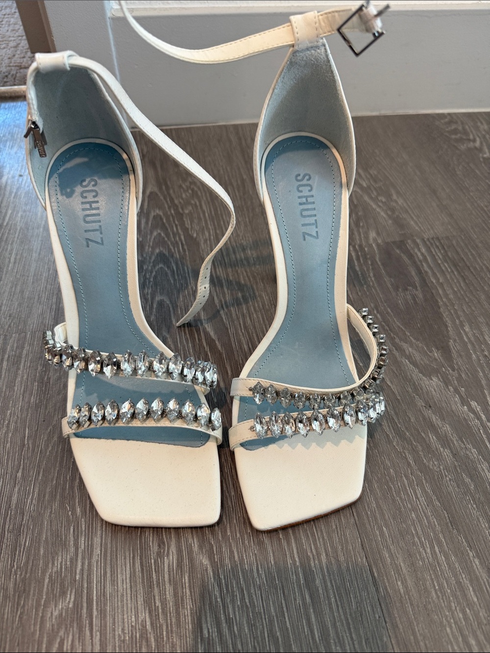SCHUTZ White Crystal-Strap Open-Toe Ankle-Strap Heels